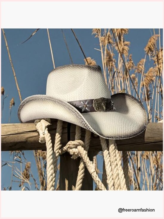Straw Cowboy Hat with Studded Leather Band - Shapeable Wide Brim for Women and